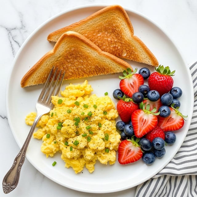 The dish shows a white round plate with three main parts: two triangular pieces of toasted bread at the top, golden brown and crispy; below them is a generous serving of creamy scrambled eggs sprinkled with small green chive pieces and tiny black pepper spots; to the right, a neat pile of fresh fruit featuring whole blueberries and halved strawberries with bright red inside and green leaves. An ornate silver fork rests on the left side of the plate, touching the scrambled eggs. The plate sits on a white marbled surface with part of a striped cloth visible at the bottom right corner. photo taken with an iphone --ar 4:5 --v 7