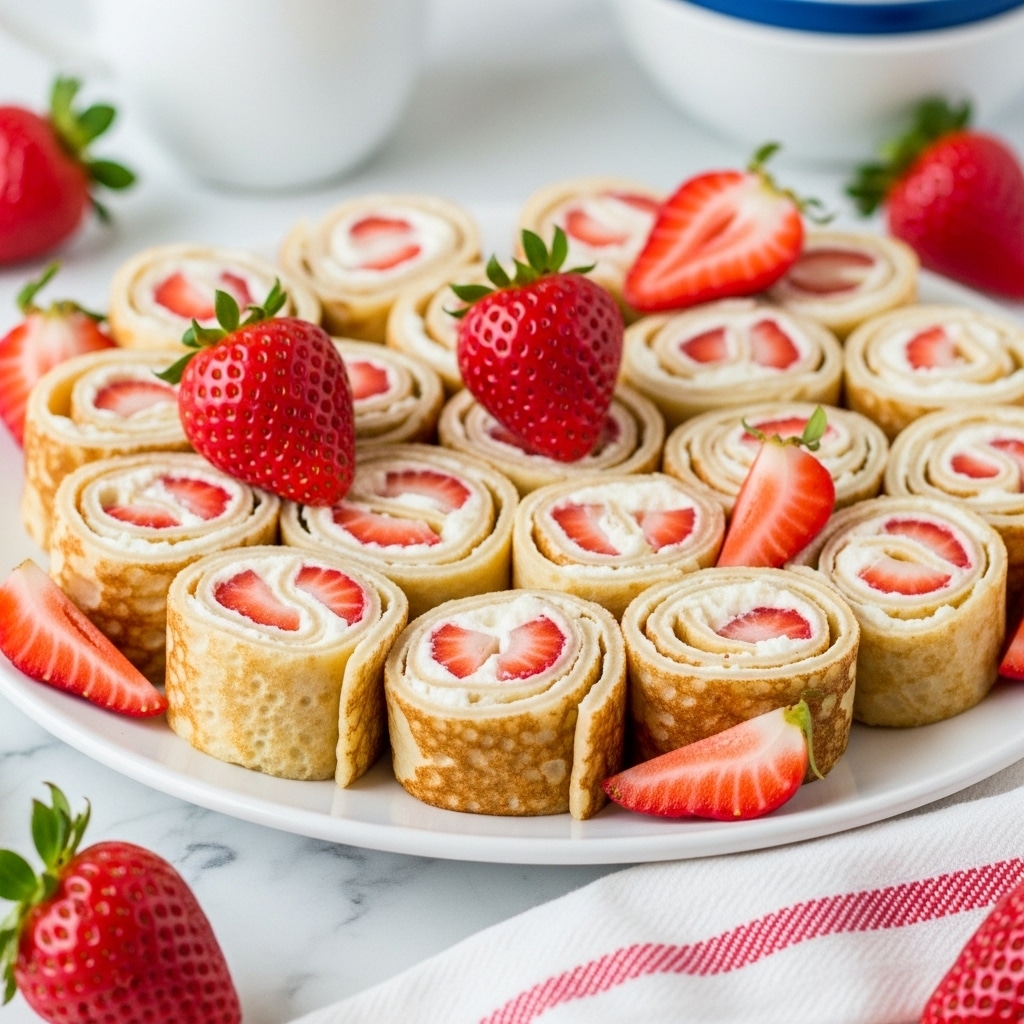 A white plate holds a group of small rolled crepes arranged closely together, each roll showing layers of light brown crepe, creamy white filling, and red strawberry slices rolled inside. The crepes have a slightly browned texture on the outside, giving them a golden tone. Fresh strawberries, some whole and some sliced, are scattered on top and around the crepes, adding bright red and green color. The plate is placed on a white marbled surface with a red and white striped cloth nearby, and a white cup and blue bowl appear blurred in the background. Photo taken with an iphone --ar 4:5 --v 7