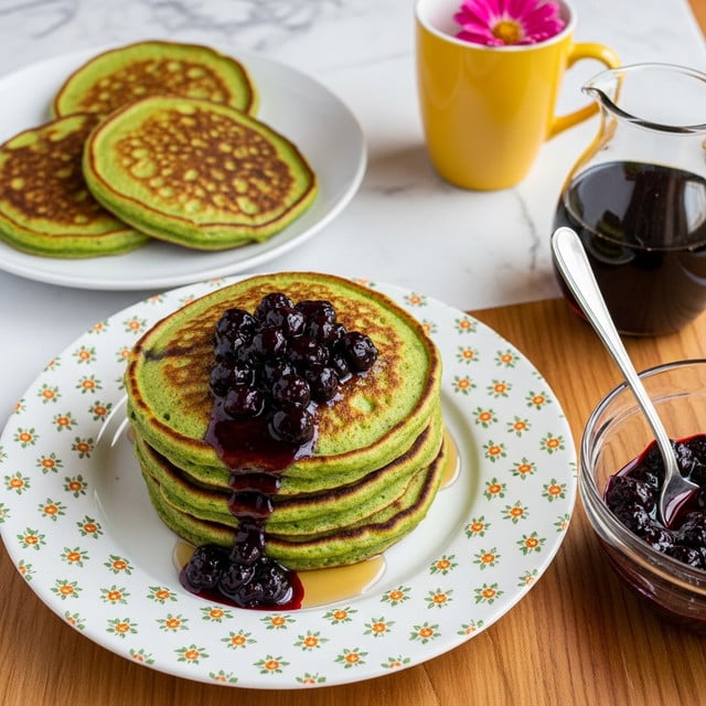 A stack of three green pancakes with a cooked, slightly browned surface sits centered on a white plate covered in a small orange and green floral pattern, topped with a spoonful of glossy dark purple berry compote and some syrup dripping down the sides. To the top left, there is a white plate with three more green pancakes showing their browned textured edges, and to the bottom right, a glass bowl filled with the same dark purple berry compote with syrup is partially visible. The table surface is a warm wooden color, contrasting with the white marbled texture background. In the top right corner, a yellow cup with a pink flower inside adds a touch of color alongside a tipped-back amber glass pitcher holding syrup. Photo taken with an iphone --ar 4:5 --v 7