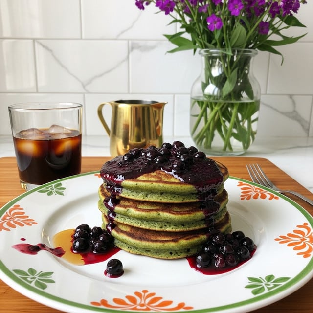 A stack of three green pancakes is placed in the center of a white plate with an orange and green floral pattern. The pancakes have a soft, slightly crumbly texture and are topped with a thick, dark purple berry compote that drips slightly down the sides. A small puddle of syrup with a few berries sits off to the side on the plate, mixing with berry juice stains. In the background, there is a glass of dark iced coffee with ice cubes, a shiny gold creamer pitcher, and a vase filled with purple flowers, all set on a wooden surface. The overall scene is bright, with natural light coming through a window, and the background shows white tiled walls with a white marbled texture on the surface. photo taken with an iphone --ar 4:5 --v 7