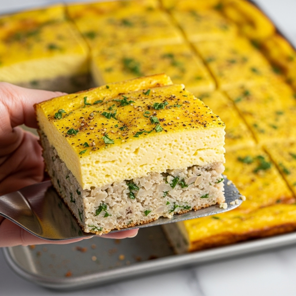 A close-up of a thick square slice of baked egg dish held by a woman's hand with a metal spatula underneath. The slice shows two distinct layers: a bottom layer that is light beige and crumbly with green herbs mixed in, and a top layer that is pale yellow, smooth, and slightly browned with specks of green and black pepper. The background shows the dish in a baking pan, cut into squares with a golden-yellow surface dotted with herbs and seasoning. The whole scene is set on a white marbled texture. photo taken with an iphone --ar 4:5 --v 7