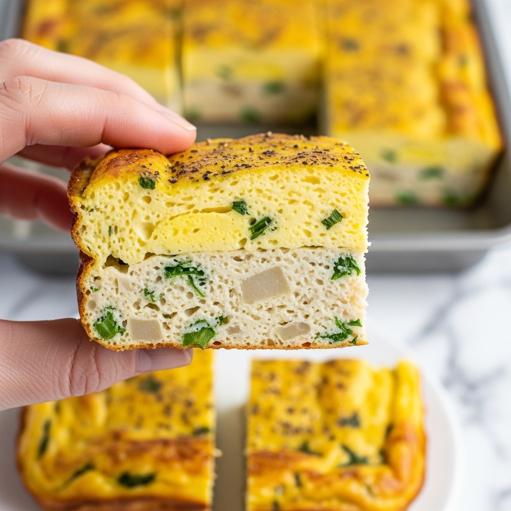 A close-up of a thick, square slice of a light yellow baked egg dish held by a woman's hand, with visible green herbs and small chunks inside. The slice has two layers: a golden, slightly browned top layer sprinkled with black pepper and an off-white, fluffy bottom layer dotted with green herbs and small bits of other ingredients. The background shows the remaining dish cut into squares in a baking pan, placed on a white marbled surface. photo taken with an iphone --ar 4:5 --v 7