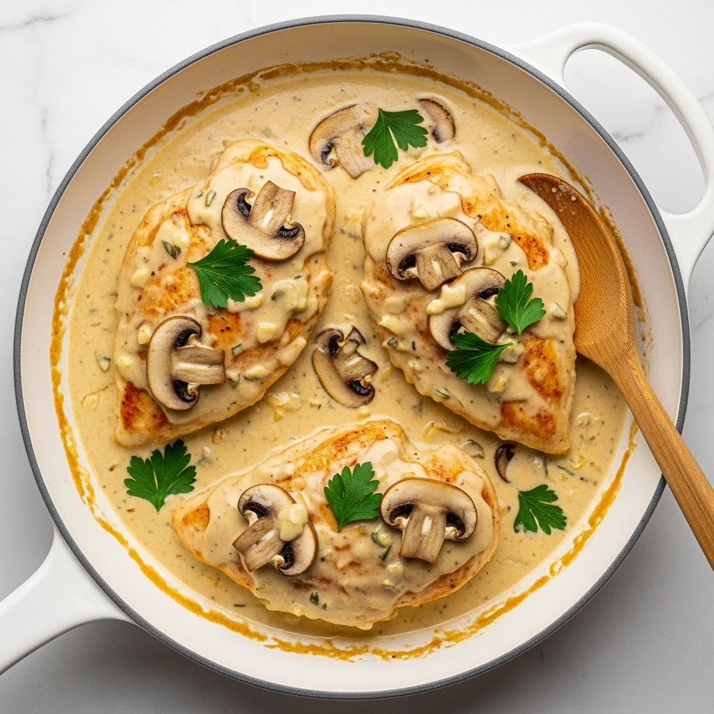 The image shows three cooked chicken breasts coated in a thick, creamy, light yellow sauce with a smooth and slightly glossy texture, sitting in a white skillet. Slices of sautéed mushrooms are placed on top of each chicken breast, blending into the sauce. Fresh green parsley leaves are scattered over the dish, adding a bright contrast to the creamy sauce and golden brown chicken pieces. A wooden spoon is tucked under one chicken breast on the right side. The skillet sits on a white marbled surface, enhancing the fresh and clean look of the image. Photo taken with an iphone --ar 4:5 --v 7