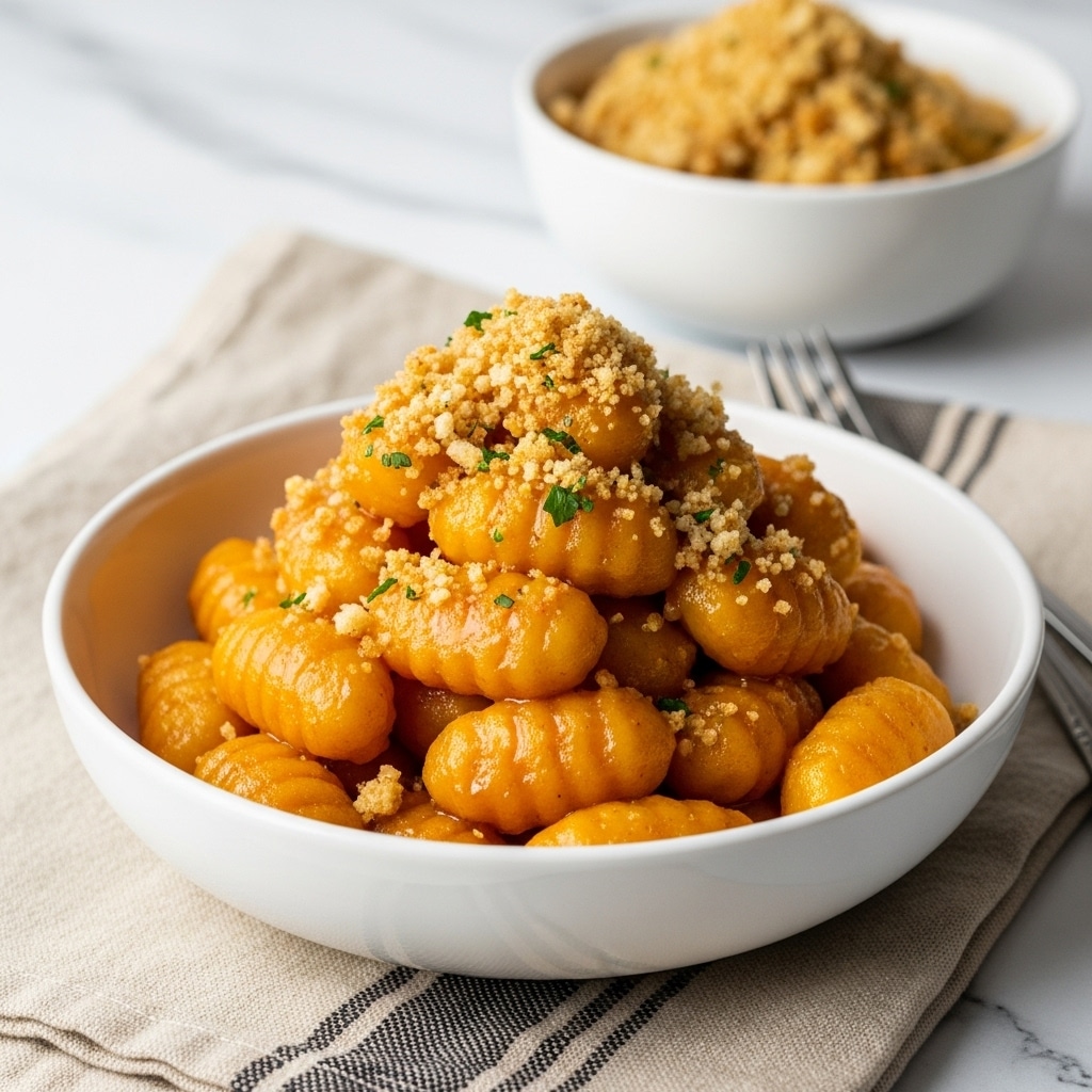A white bowl filled with a pile of small, cylindrical, orange-glazed bite-sized rice cakes, covered in a shiny, sticky sauce. The top is sprinkled with a golden-brown crumbly topping with bits of green herbs mixed in, adding texture and color contrast. The bowl sits on a folded beige cloth with thin black stripes, all placed on a white marbled textured surface. In the background, there is another white bowl containing the same crumbly topping, slightly out of focus. Photo taken with an iphone --ar 4:5 --v 7