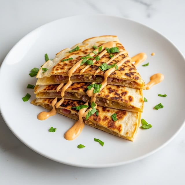 A white plate holds three triangular layers of quesadilla, each golden brown with slight char marks and crispy edges, stacked in a slightly offset manner. Bright orange creamy sauce is drizzled over the top, flowing down the sides of the quesadilla pieces. Small pieces of fresh green herbs are sprinkled evenly over the sauce and quesadilla, adding a touch of color contrast. The plate sits on a white marbled surface, with soft natural light highlighting the textures and colors. photo taken with an iphone --ar 4:5 --v 7
