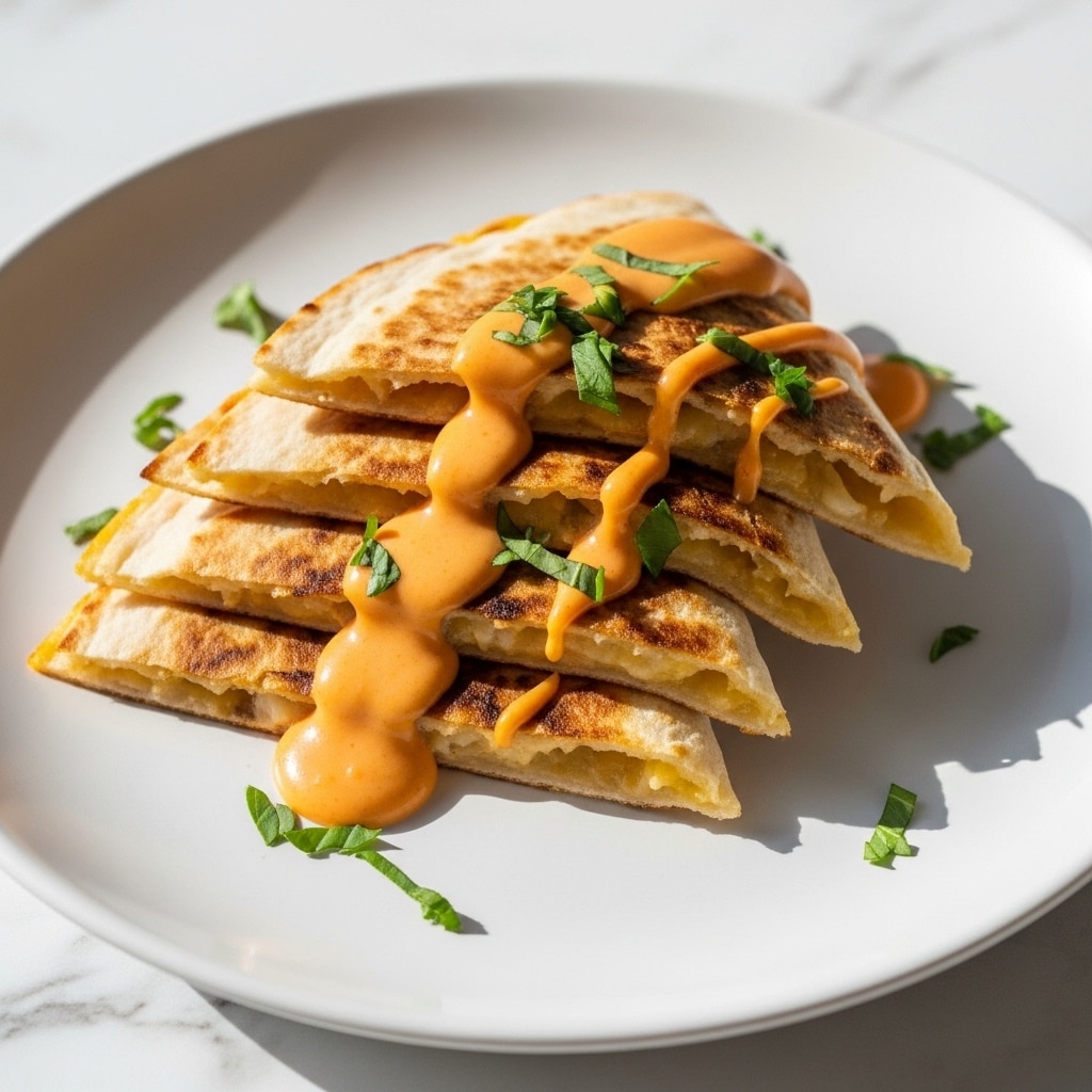A white plate holds three folded quesadilla slices stacked slightly unevenly. The quesadillas have a golden brown color with some darker grilled spots and a light crispy texture. The top layer is drizzled with a light orange creamy sauce running down the sides. Small green chopped herbs are sprinkled evenly over the quesadillas and plate, adding some fresh contrast. The plate rests on a white marbled surface. photo taken with an iphone --ar 4:5 --v 7