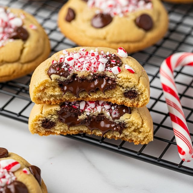 A close-up of a thick, soft cookie broken in half, showing gooey dark chocolate chunks melting inside its light golden-brown dough. The cookie is sprinkled on top with crushed red and white peppermint candy pieces, adding color contrast and texture. The cookie rests on a black metal cooling rack with a whole red and white candy cane nearby, all set against a white marbled texture surface. Photo taken with an iphone --ar 4:5 --v 7