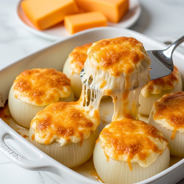 The image shows a white baking dish filled with six stuffed onion rounds that have a golden brown melted cheese crust on top. Each onion layer is thick and white, with a creamy, cheesy layer inside that stretches in long, gooey strands as one onion is lifted by a silver spatula. The cheese topping is bubbly and browned with a slightly crispy texture. In the background, there is a white plate holding large blocks of orange cheese, and the whole scene is set on a white marbled surface. photo taken with an iphone --ar 4:5 --v 7