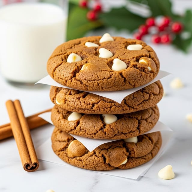 The image shows several round cookies with a cracked, rough surface, baked to a golden brown color and filled with white chocolate chips that are slightly melted and scattered throughout each cookie. The cookies rest on a metal cooling rack placed over a white marbled surface. In the top right corner, there is a white cup filled with milk sitting on a red and green plaid cloth. Around the edges of the image, there are a few red berries and frosted green leaves, adding a festive touch. The overall scene is bright and cozy, evoking a warm homemade feeling. photo taken with an iphone --ar 4:5 --v 7