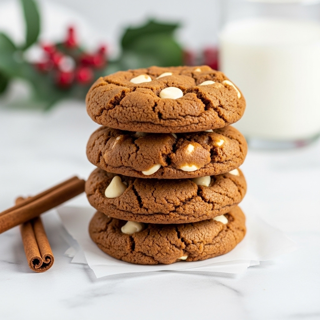 A stack of four thick cookies with a rich brown color, studded generously with white chocolate chips, showing a slightly cracked and chewy texture. The cookies are stacked neatly on a small piece of white parchment paper, placed on a white marbled surface. To the left, two cinnamon sticks lie close by, and in the blurry background, a clear glass of milk is visible along with some green leaves and red berries, adding a festive touch. Photo taken with an iphone --ar 4:5 --v 7