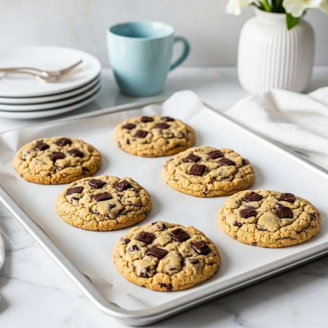Six thick, round cookies with a golden-brown color and plenty of dark chocolate chunks spread throughout sit on a baking tray lined with parchment paper. The cookies have a slightly rough texture with cracks on the surface showing their softness inside. The tray is placed on a white marbled surface, with a stack of white plates, a light blue cup, and a white vase holding white flowers blurred in the background. photo taken with an iphone --ar 4:5 --v 7