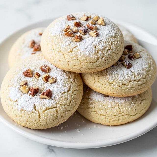 A close-up view of four soft, round cookies stacked on a white plate placed on a white marbled surface. Each cookie is pale golden in color with a slightly rough texture and is topped with a fine layer of white powdered sugar that covers the tops unevenly. On the very top of each cookie, small pieces of chopped nuts are scattered, adding a contrast with their rich brown and cream colors. The cookies look soft and fluffy with a slight crumbly edge visible, and the lighting highlights their soft texture and the sugary topping clearly. photo taken with an iphone --ar 4:5 --v 7