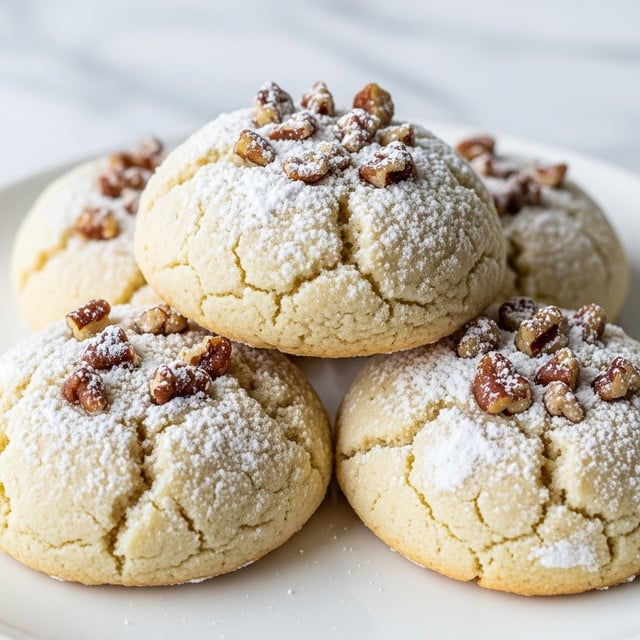 The image shows a close-up of four soft cookies stacked in a small pile on a white plate. Each cookie has a light golden color with a powdery layer of white powdered sugar covering the top surface. Small pieces of chopped nuts, mainly pecans, are sprinkled on top of the sugar, adding texture and contrast with their warm brown tones. The cookies have a slightly bumpy texture and a soft, crumbly look. The background has a white marbled texture, and the overall lighting highlights the powdered sugar and nut details. photo taken with an iphone --ar 4:5 --v 7