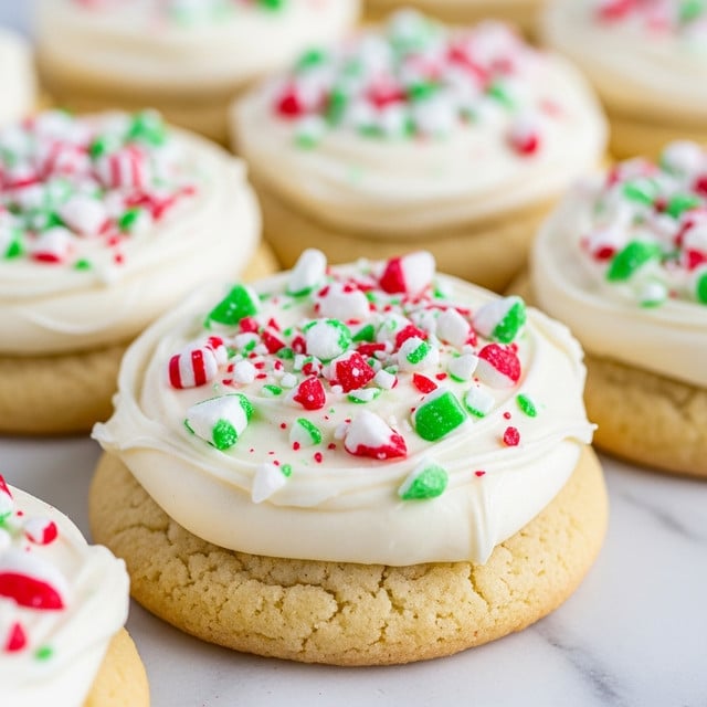 The image shows several soft sugar cookies arranged close together. Each cookie has one layer of light golden-brown dough topped with a thick, uneven layer of white frosting. On top of the frosting, there are colorful crushed pieces of red, green, and white peppermint candy scattered all over, adding texture and color contrast. The cookies are resting on a surface with a white marbled texture, with a clear focus on the front cookies and a soft blur in the background. photo taken with an iphone --ar 4:5 --v 7