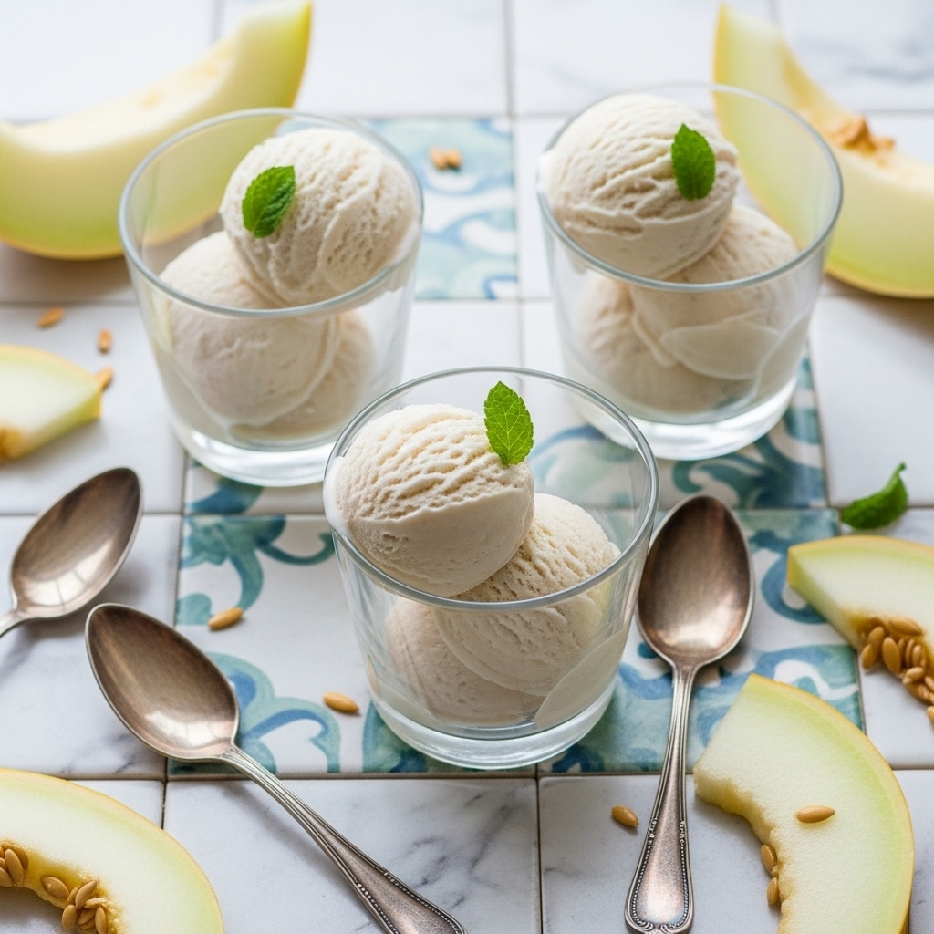 Three clear glass cups each hold two smooth scoops of light cream-colored ice cream, topped with a small green mint leaf. The cups sit on a white marbled tile surface with a blue and green pattern. Around the cups are silver spoons with engraved handles, and slices of pale yellow melon with visible seeds. The light in the scene is soft, creating subtle shadows and a fresh, cool feel. Photo taken with an iphone --ar 4:5 --v 7