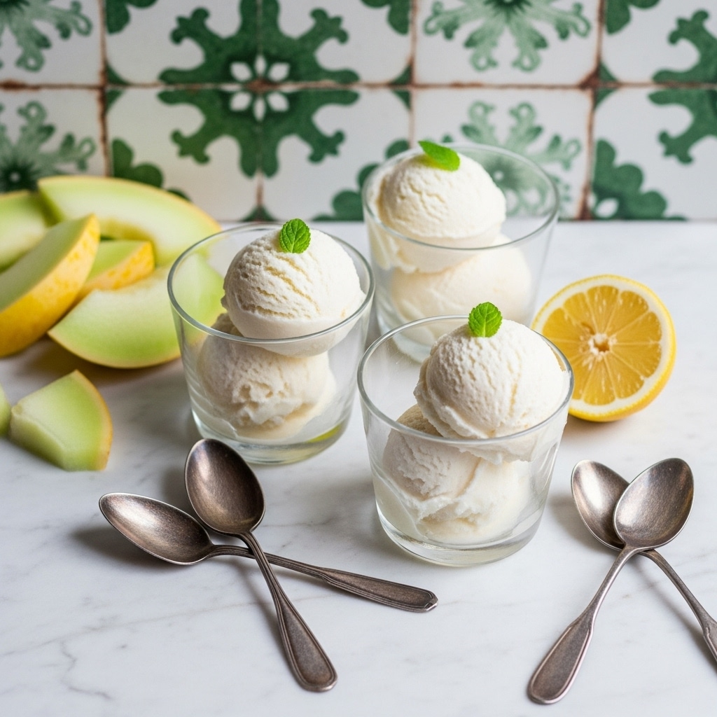 Three clear glass cups each hold two smooth, creamy white scoops of ice cream, topped with a tiny green mint leaf. The cups are placed on a white marbled surface with a green and white rustic tile backdrop underneath. Around the cups, there are three old-style silver spoons with dark handles arranged casually. Pieces of yellow melon and a half lemon add fresh color to the scene. The light is soft, making the ice cream look fresh and inviting. photo taken with an iphone --ar 4:5 --v 7