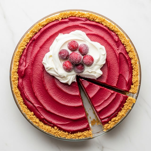 A round pie with three clear layers is shown from above on a white marbled surface. The bottom layer is a crumbly, golden brown crust that forms a thick border around the pie. The middle layer is a smooth, deep red filling that looks silky and bright. On top, there is a large dollop of white whipped cream placed near the center, with several small, round cranberries covered lightly in sugar sitting on the cream. Two slices of the pie have been cut and slightly removed from the main pie, showing the neat layers clearly. The pie is in a transparent glass dish. Photo taken with an iphone --ar 4:5 --v 7