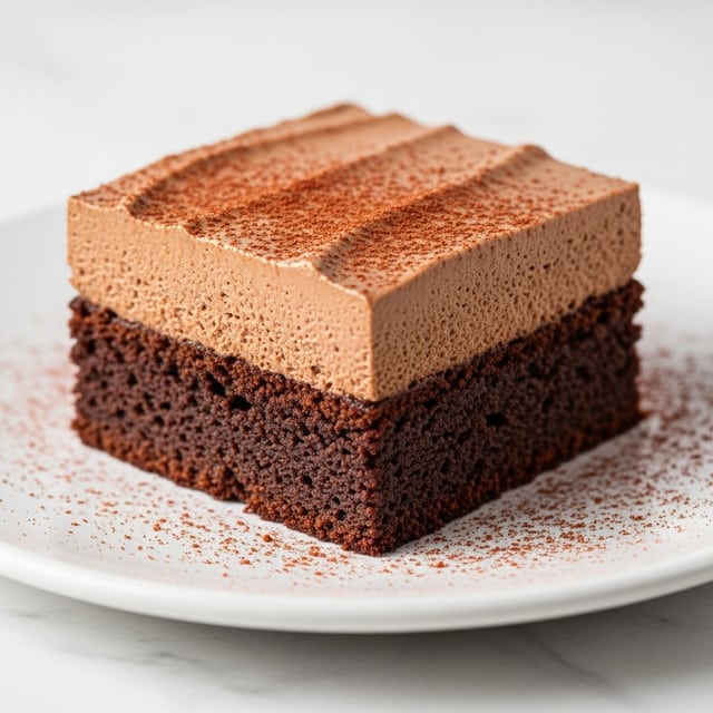 A two-layer chocolate dessert square rests on a white plate with a white marbled texture beneath. The bottom layer is thick, dark brown, dense, and moist cake with a rough texture. The top layer is a lighter brown chocolate mousse, smooth and creamy with subtle lines running across it. A fine reddish-brown powder lightly dusts both the top and the plate around the dessert, adding texture and color contrast. The edges of the dessert are clean and sharp. Photo taken with an iphone --ar 4:5 --v 7