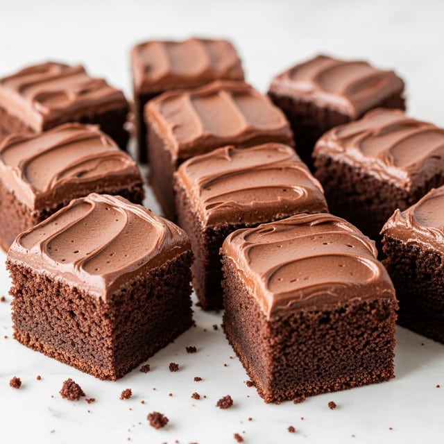 This image shows nine pieces of chocolate cake with a single thick layer of smooth, dark brown chocolate frosting on top. The frosting has soft, swirling patterns that give it a creamy texture. The cake itself looks rich and moist with a slightly darker shade of brown compared to the frosting. The pieces are cut square and arranged on a white marbled surface, with some cake crumbs scattered around to add a natural touch. Photo taken with an iphone --ar 4:5 --v 7