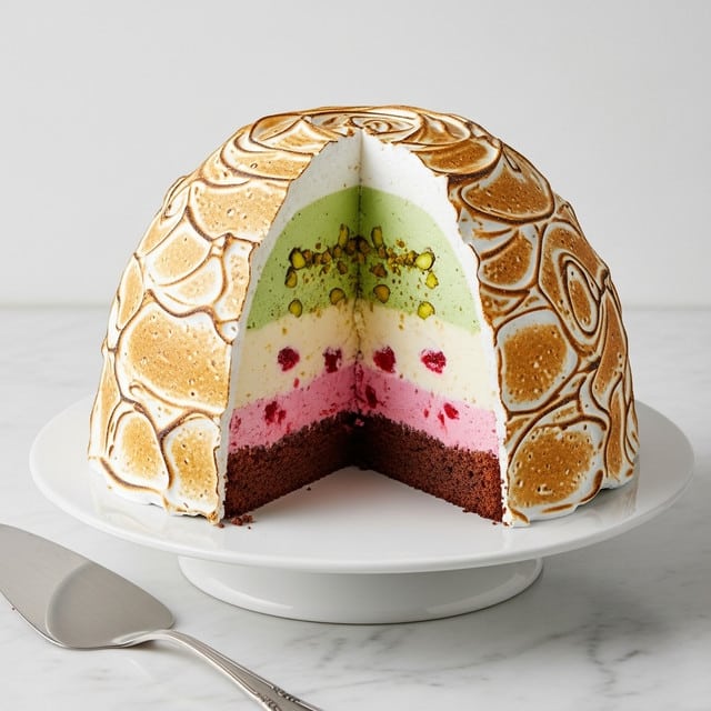 Baked Alaska with Pistachio, Strawberry, Vanilla Ice Cream, and Brownie Base Recipe