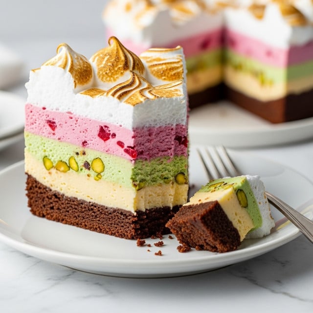 A slice of layered dessert sits on a white plate with a bite taken from it, showing five distinct layers. The bottom layer is dark brown, dense, and looks like chocolate cake. Above it is a smooth, creamy pale yellow layer, followed by a pink layer with red fruit bits that looks like a berry ice cream or mousse. Next is a light green layer with small nut pieces, possibly pistachio, with a creamy texture. The top layer and outer edge is fluffy, white meringue with toasted golden brown spots, giving a slightly crisp look. The plate is on a white marbled surface with a soft fork beside it, and part of another slice is blurred in the background. Photo taken with an iphone --ar 4:5 --v 7