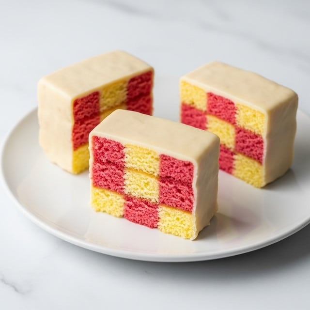 The image shows three square pieces of layered cake on a white plate, placed on a white marbled surface. Each cake piece has a checkerboard pattern inside with four equal small squares, alternating pink and yellow sponge cake layers. The outer layer is smooth and creamy beige, evenly covering the checkerboard inside. Two pieces are cut to clearly show the colorful inside, while one piece remains whole with the beige layer visible on top. The texture of the cake looks soft and moist. photo taken with an iphone --ar 4:5 --v 7