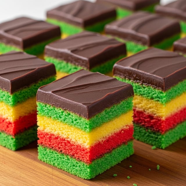 This image shows several square pieces of a layered cake placed on a wooden surface. Each piece has four visible layers: starting with a thick dark brown chocolate layer on the outside, then three inner cake layers in bright colors arranged from bottom to top as green, yellow, and red. The layers look moist and soft, with a smooth chocolate coating covering the top and sides of each cake piece. The chocolate layer is shiny and slightly textured. The cake pieces are neatly cut and arranged closely together, with some cake crumbs scattered around. Photo taken with an iphone --ar 4:5 --v 7