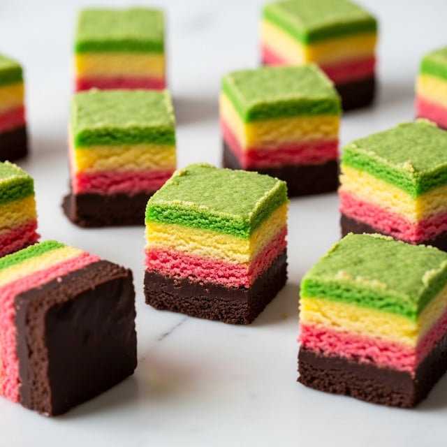 The image shows square pieces of a layered dessert arranged on a white marbled surface. Each piece has four layers: a green top layer with a slightly rough texture, a yellow layer beneath it that looks soft and moist, a pink layer below that with a crumbly texture, and a thick smooth dark chocolate layer covering the bottom and sides. Some pieces are turned on their side to show the colorful layers clearly, while others display the shiny dark chocolate top. The lighting highlights the different textures and colors well. photo taken with an iphone --ar 4:5 --v 7