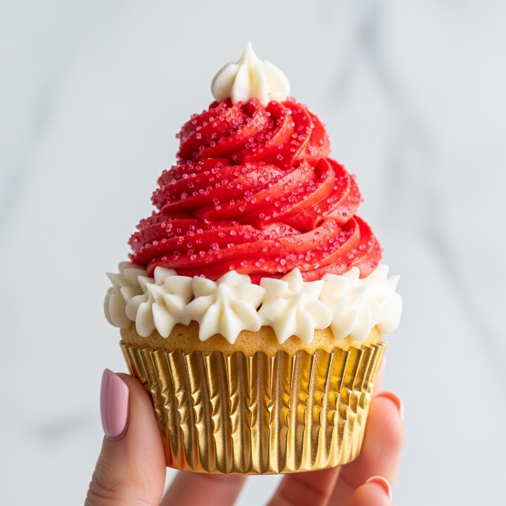 A close-up of a cupcake held by a woman's hand with a smooth light pink nail polish. The cupcake is wrapped in a shiny gold foil liner, with piped white frosting dollops around the base near the liner’s top edge. The main frosting is bright red, swirled in three thick layers that build up to a small peak on top, covered with red sugar crystals adding sparkle and texture. At the very top, there is a small white dollop of frosting. The background is a clean white marbled texture. photo taken with an iphone --ar 4:5 --v 7