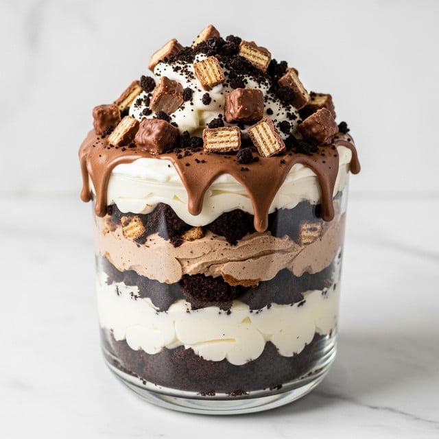 A tall glass bowl shows a layered dessert with three thick layers, starting with a dark brownie base at the bottom. Next is a smooth white creamy layer, followed by a light brown creamy layer mixed with bits of brownie. On top, there is a thick mix of the white and brown creamy layers dripping slightly over the edge. The dessert is piled high with broken pieces of chocolate-covered wafer bars and sprinkled with small dark cookie crumbs. The bowl sits on a white marbled surface. photo taken with an iphone --ar 4:5 --v 7