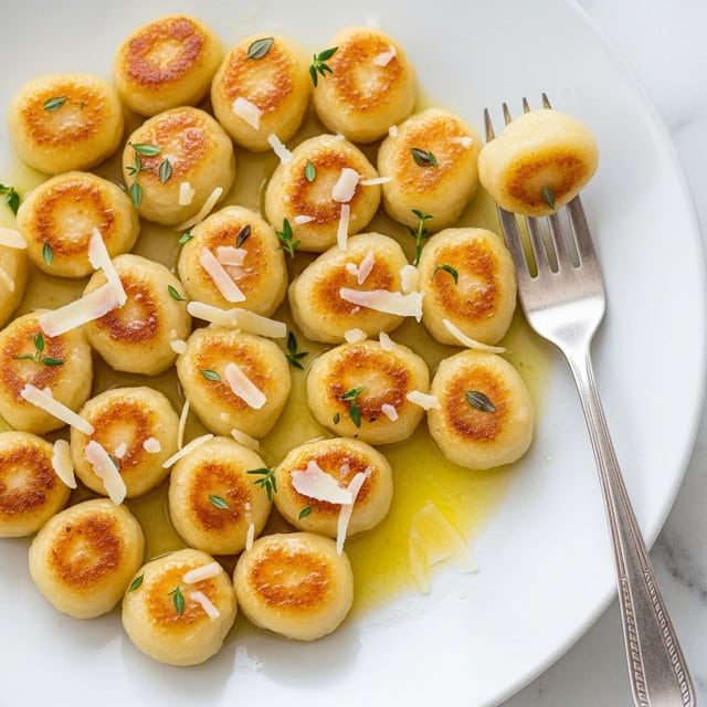 A close-up view of a white plate with about twenty golden brown gnocchi pieces, each pillow-like and lightly browned on top, covered in a shiny layer of melted butter sauce that pools at the bottom. Small green thyme leaves and thin shreds of parmesan cheese sprinkle over the gnocchi, adding texture and color contrast. To the right side of the plate rests a silver fork with one gnocchi piece speared on its tines. The whole setting is on a white marbled surface. photo taken with an iphone --ar 4:5 --v 7