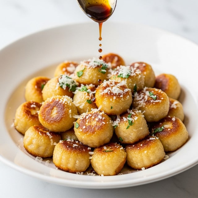 A close-up view of a pile of soft, golden brown gnocchi with light browning on their textured surfaces, placed in a white plate. The gnocchi are sprinkled with small green herbs and finely grated pale cheese, adding small white flakes on top. Above the gnocchi, a spoon releases a thin stream of dark brown sauce, creating tiny droplets. The plate rests on a white marbled texture. photo taken with an iphone --ar 4:5 --v 7