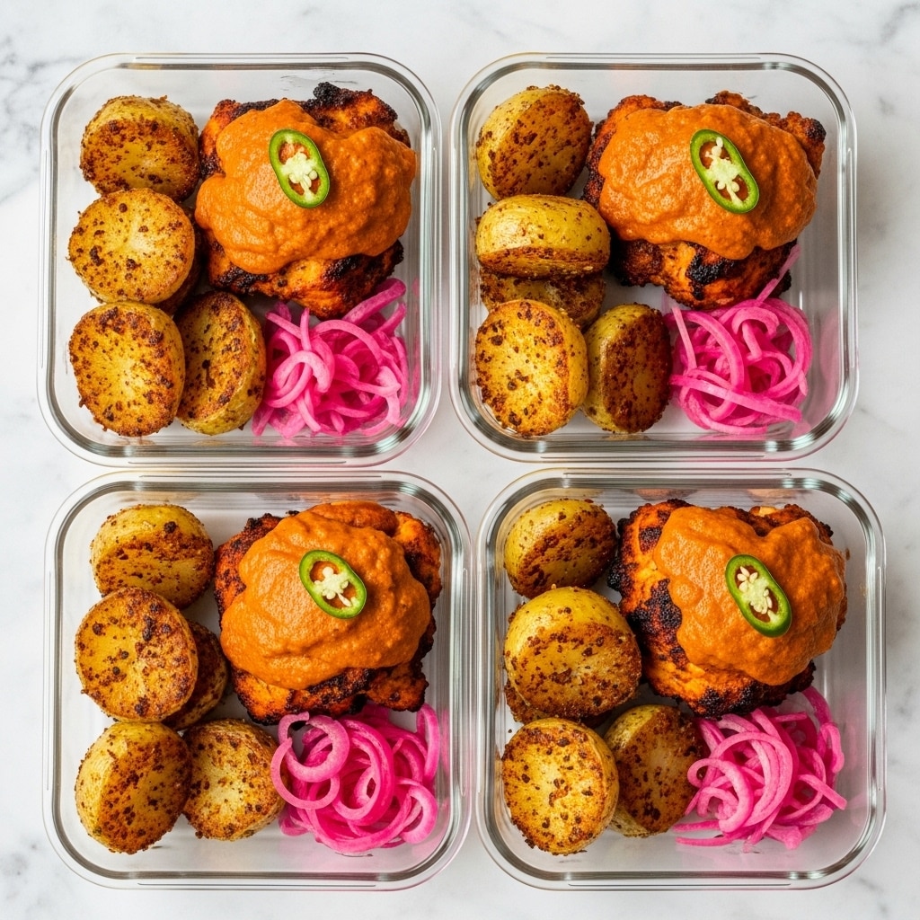 The image shows four clear rectangular glass containers placed on a white marbled surface. Each container holds a portion of roasted chicken covered with a thick orange sauce, garnished with a slice of green chili on the top layer. Alongside the chicken are several golden-brown roasted baby potatoes with a crispy texture, arranged on one side of each container. A small pile of bright pink pickled onions is also placed beside the chicken in each container. The overall look is vibrant with warm orange, green, golden-brown, and pink colors standing out against the clear containers and white marbled background. photo taken with an iphone --ar 4:5 --v 7