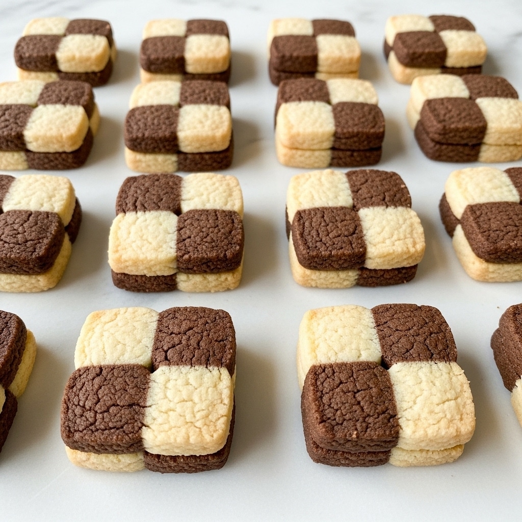 The image shows square checkerboard cookies arranged on a white marbled surface. Each cookie consists of two layers, one creamy beige and one dark brown, combined in a checkerboard pattern with four small squares on each side. The beige squares have a smooth texture while the brown squares appear slightly rougher. The cookies are placed in neat rows with some slight uneven edges, showcasing their homemade look. photo taken with an iphone --ar 4:5 --v 7