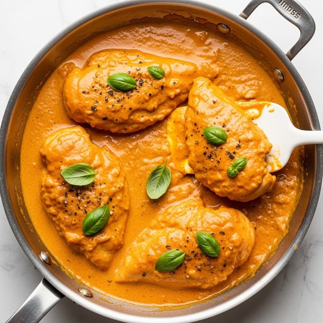 The image shows four pieces of chicken breasts cooked in a thick, creamy orange sauce inside a metal pan. Each chicken breast is fully covered in the sauce, with some green basil leaves scattered on top for color contrast. The sauce has a smooth, rich texture with tiny bits of herbs visible, giving it a slightly speckled look. The pan is round, and a white spatula is lifting one piece of chicken on the right side, partially showing the sauce underneath. The background is a white marbled texture. photo taken with an iphone --ar 4:5 --v 7