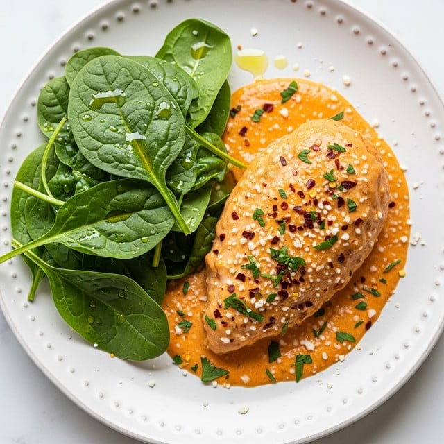 The dish shows a single large piece of chicken covered with a smooth, thick orange sauce with visible bits of herbs and red pepper flakes spread evenly on top. The chicken is placed on the right side of a white plate with a lightly textured edge. To the left of the chicken, there is a small pile of fresh, bright green spinach leaves, some overlapping one another, with a light drizzle of golden oil over them. The sauce around the chicken has a shiny, glossy look, and it is sprinkled with finely grated white cheese and small green herb bits. The plate sits on a white marbled surface. Photo taken with an iphone --ar 4:5 --v 7