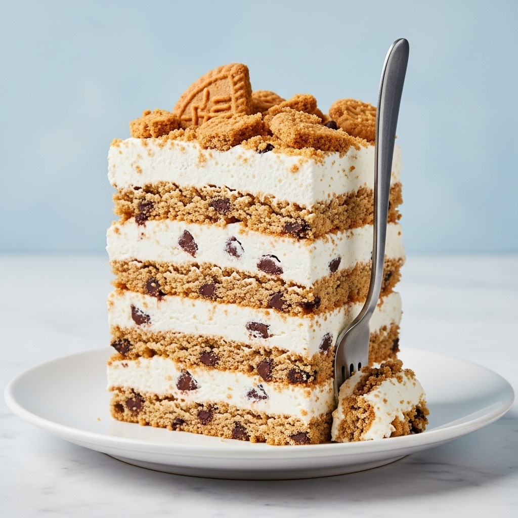 A tall slice of layered dessert stands on a white plate, showing about seven layers of a crumbly, light brown cookie-like cake mixed with small dark chocolate chips, alternating with thick, fluffy white cream layers. On top, there are chunks of cookie pieces adding a rough texture, with a fork inserted into the side of the slice. The background is a soft blue with a white marbled surface beneath the plate. Photo taken with an iphone --ar 4:5 --v 7