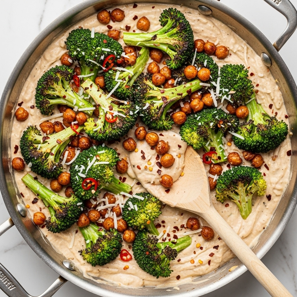 The image shows a creamy dish in a metal pan with roasted broccoli and chickpeas mixed throughout. The base layer is the creamy sauce with a pale beige color and smooth texture. On top of this, there are bright green broccoli florets roasted to have slightly charred edges, giving them a crisp look. Scattered among the broccoli are golden-brown chickpeas, some with a slightly crispy exterior. The dish is sprinkled with finely shredded white cheese and small red chili flakes, adding texture and specks of color. A wooden spoon is resting inside the pan, partly covered by the creamy mixture. The pan sits on a surface with a white marbled texture. photo taken with an iphone --ar 4:5 --v 7