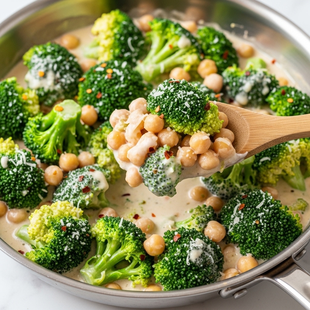 This image shows a close-up of a skillet filled with a creamy broccoli and chickpea dish. The broccoli is bright green with textured florets, and the chickpeas are round and light beige, both coated in a smooth, creamy off-white sauce. The dish is speckled with small red chili flakes and bits of grated cheese sprinkled on top. A wooden spoon lifts a portion of the broccoli and chickpeas, showing the thick sauce clinging to the ingredients. The skillet is shiny metal, sitting on a white marbled surface. photo taken with an iphone --ar 4:5 --v 7