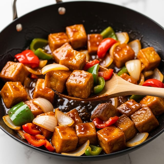 This image shows a close-up of a wok filled with shiny, golden-brown tofu cubes coated in a glossy sauce. Among the tofu, there are slices of red and green bell peppers along with pieces of onion, all mixed in the same thick sauce giving everything a wet, glistening look. A wooden spoon lifts several tofu cubes and some peppers from the wok, adding a sense of movement. The wok's dark interior contrasts with the bright colors of the tofu and vegetables, all set against a white marbled texture photo taken with an iphone --ar 4:5 --v 7