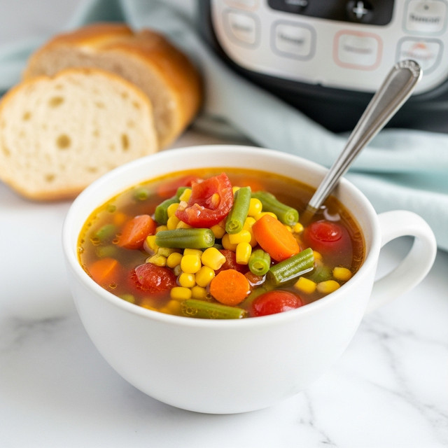 A white cup filled with vegetable soup sits on a white marbled surface, showing bright yellow corn, green beans, orange carrot pieces, and small red tomato chunks floating in a clear brown broth. The soup is full and colorful with the vegetables piled on the top, and a silver spoon resting inside the cup. Behind the cup, there are two thick slices of bread and a blurred kitchen appliance with buttons and a display, along with a soft, light blue cloth nearby. Photo taken with an iphone --ar 4:5 --v 7
