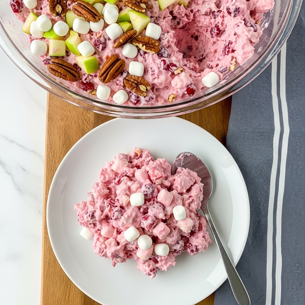 A white plate holds a scoop of pink creamy salad mixed with small white mini marshmallows and bits of red fruit, creating a soft and thick texture. The salad looks fluffy and speckled with small pieces of nuts and fruit, while a metallic spoon rests on the side of the plate. Above and behind the plate is a large clear bowl filled with the same pink salad, topped with chopped green apple pieces, whole pecans, small white marshmallows, and red fruit bits. The setup is placed on a wooden board with a white marbled surface beneath and a blue and white striped cloth on the side. Photo taken with an iphone --ar 4:5 --v 7