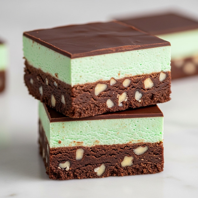 The image shows stacked square dessert bars with three clear layers: the bottom layer is thick, dark brown, and textured with visible nuts and small white bits; the middle layer is smooth and creamy with a light green color; the top layer is a glossy, dark chocolate sheet evenly covering the green layer. The bars have clean, sharp edges and are placed on a white marbled surface. Photo taken with an iphone --ar 4:5 --v 7