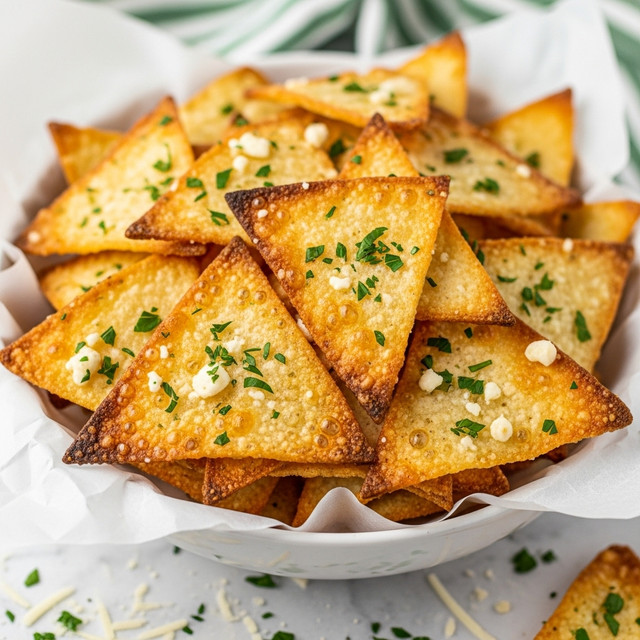 A close-up view of many crispy triangular chips piled high on white parchment paper inside a white bowl. Each chip is light golden brown with a slightly bubbly texture, sprinkled with finely chopped green herbs and small white cheese bits. The chips have a crunchy look with some edges darker than the center. The bowl sits on a white marbled surface with some grated cheese and herbs scattered around. A blurred green and white striped cloth is visible in the soft background. Photo taken with an iphone --ar 4:5 --v 7
