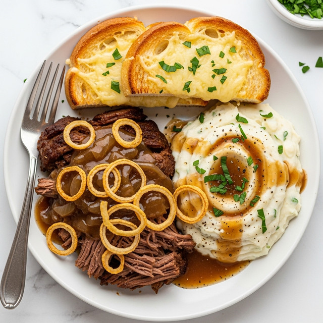 A white plate holds a large piece of tender, shredded brown pot roast topped with a rich brown gravy and scattered thin, golden-brown fried onion rings. To the right of the meat is a creamy white mound of mashed potatoes with chopped green herbs on top, lightly speckled with black pepper, and drizzled with a bit of brown gravy. Above the roast, there are two thick slices of toasted white bread with melted cheese and small green herb pieces sprinkled on top. A silver fork rests on the left side of the plate, partially submerged in the food. The plate sits on a white marbled surface with some green herbs in a small dish in the background. photo taken with an iphone --ar 4:5 --v 7