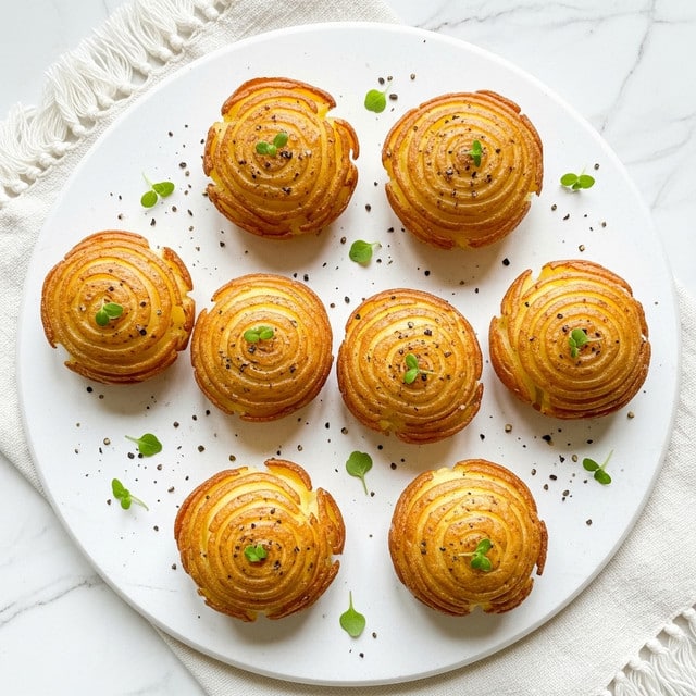 Seven small golden brown duchess potatoes with a swirled, ridged texture on top sit on a white round cutting board. Each potato has a crisp, slightly darker edge and is sprinkled with small black pepper flakes. Tiny green herb leaves are scattered around and on top of the potatoes, adding a fresh contrast to the warm colors. The cutting board rests on a white marbled surface with part of a fringed white cloth visible on the side. Photo taken with an iphone --ar 4:5 --v 7