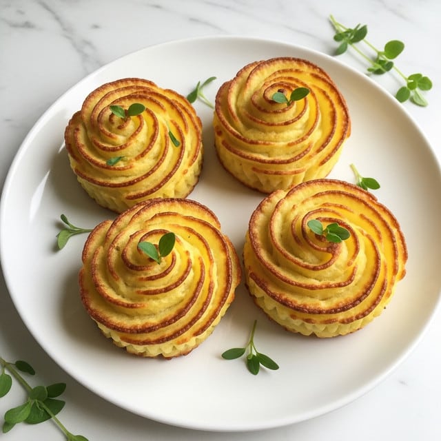 The image shows four small, golden-brown mashed potato swirls on a white plate, each shaped like a rose with multiple curved layers creating a spiral texture. The edges of the swirls are slightly crisp and browned, adding a contrast to the soft and creamy yellow inside. Small green herb leaves are scattered on top and around the potatoes, giving a fresh touch. The plate rests on a white marbled surface, with a few sprigs of green herbs placed nearby for decoration. photo taken with an iphone --ar 4:5 --v 7