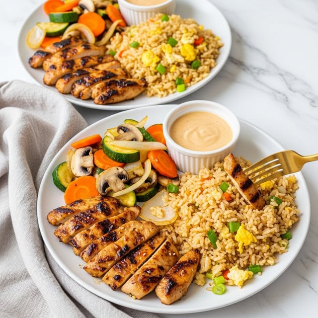 Two white plates sit on a white marbled surface, each holding a colorful meal arranged in three parts. On one side of each plate is a layer of grilled chicken pieces, browned with a slight glaze, showing char marks and a juicy texture. Next to the chicken, there is a mound of fried rice with a warm golden color, mixed with small bits of green onion and scrambled egg. The third section has a mix of sautéed vegetables, including orange carrot slices, light brown mushroom caps, green zucchini chunks, and soft white onion pieces. Each plate also contains a small white ramekin filled with creamy beige sauce placed near the fried rice. A golden fork holds a dipped chicken piece over the bottom plate, resting on a pale gray cloth napkin beside it. Photo taken with an iphone --ar 4:5 --v 7