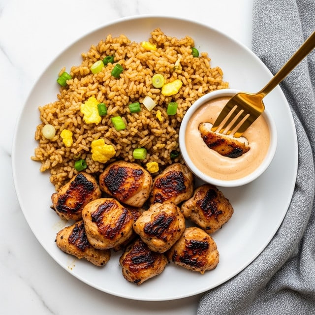 A white plate holds two main parts: on the left side, a mound of golden-brown fried rice with small pieces of light yellow egg and green scallions mixed in; on the bottom left, there are several pieces of browned, grilled chicken with visible charred spots, giving a crispy texture. To the right of the chicken, a small white cup filled with creamy beige sauce sits close to the center of the plate, with a golden fork dipping a piece of grilled chicken into the sauce. A soft gray cloth is casually placed to the right of the plate, all set on a white marbled surface. Photo taken with an iphone --ar 4:5 --v 7