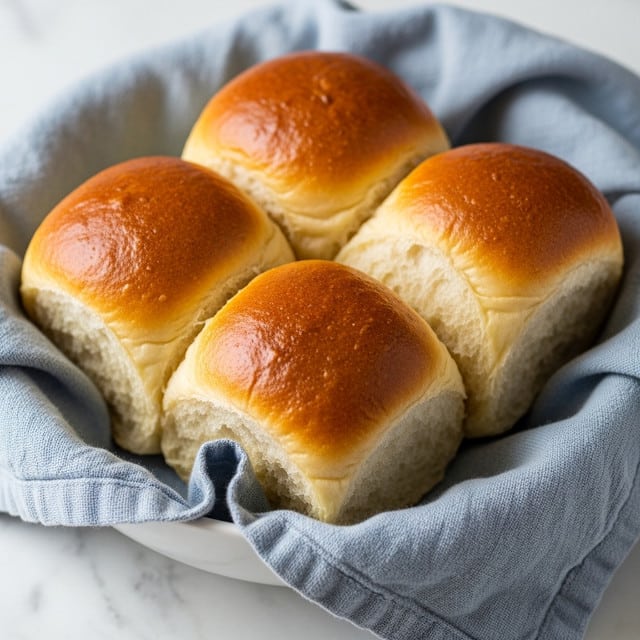 Three soft, golden brown dinner rolls with a light, fluffy texture inside are placed closely together in a white bowl lined with a wrinkled, light blue cloth. The rolls have a smooth, slightly shiny top crust and a tender, airy inside that is visible on the edges. The scene is set on a white marbled surface, adding a clean and fresh look. photo taken with an iphone --ar 4:5 --v 7